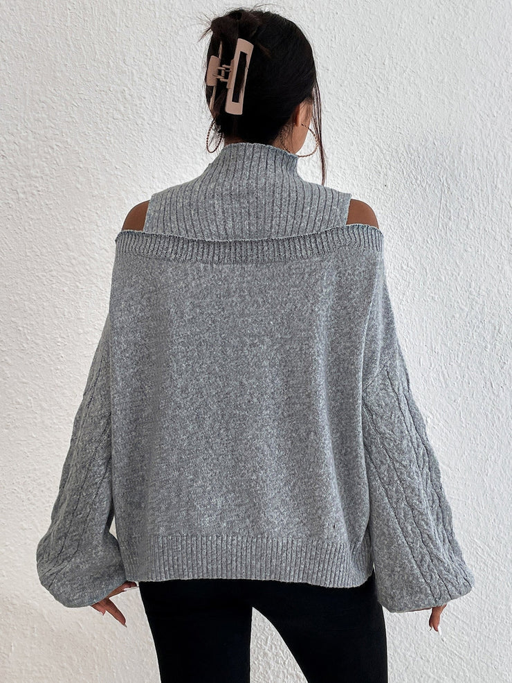 Gray Cold Shoulder Mock Neck Cable Knit Sweater