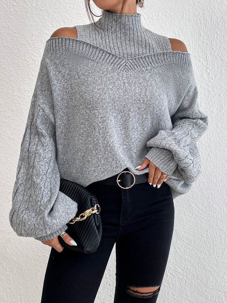Gray Cold Shoulder Mock Neck Cable Knit Sweater