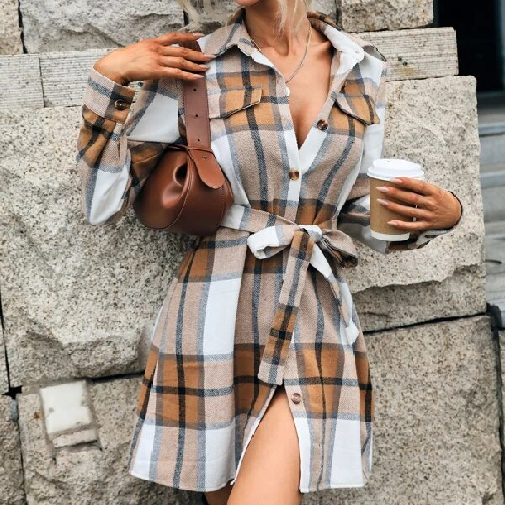 Plaid Single Breasted Belted Shirt Dress