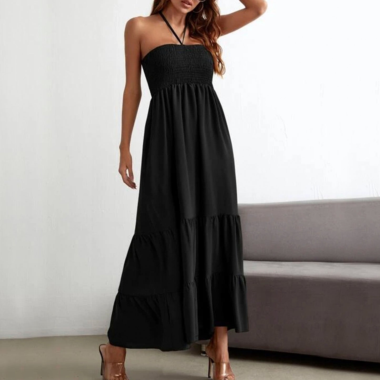 Shirred Ruffle Hem Halter Neck Dress