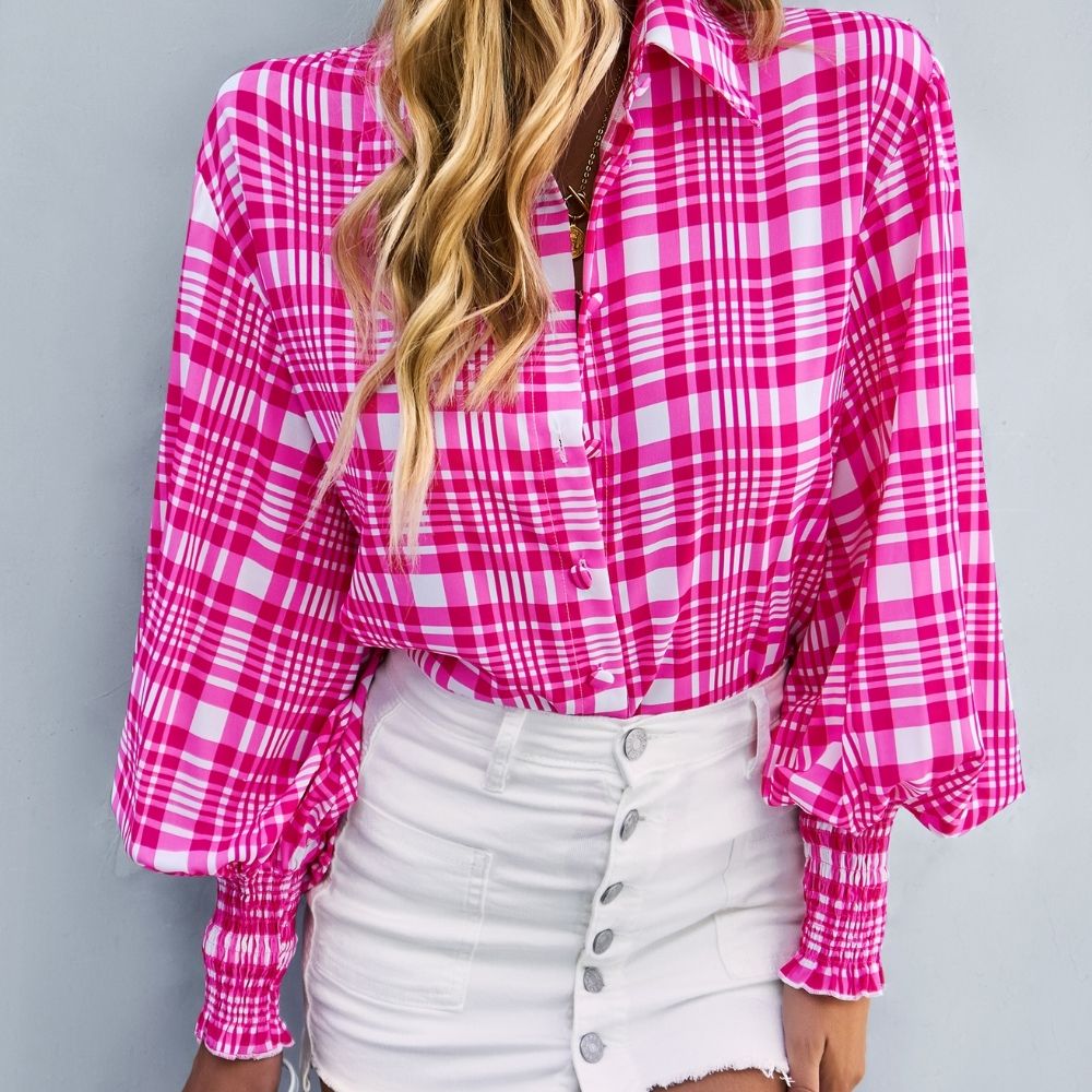 Printed Lantern Sleeve Curved Hem Shirt