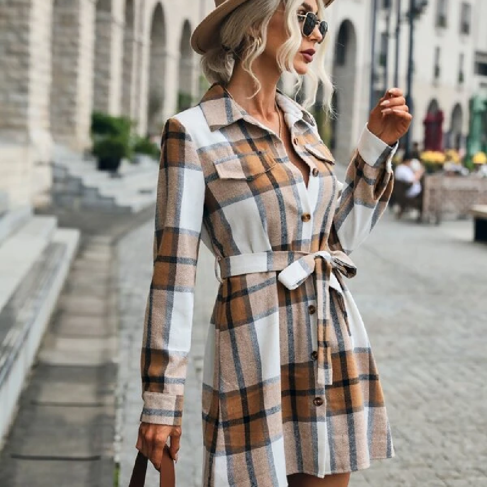 Plaid Single Breasted Belted Shirt Dress