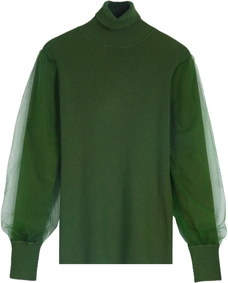Green Turtleneck Double Layer Sheer Long Sleeves Sweater