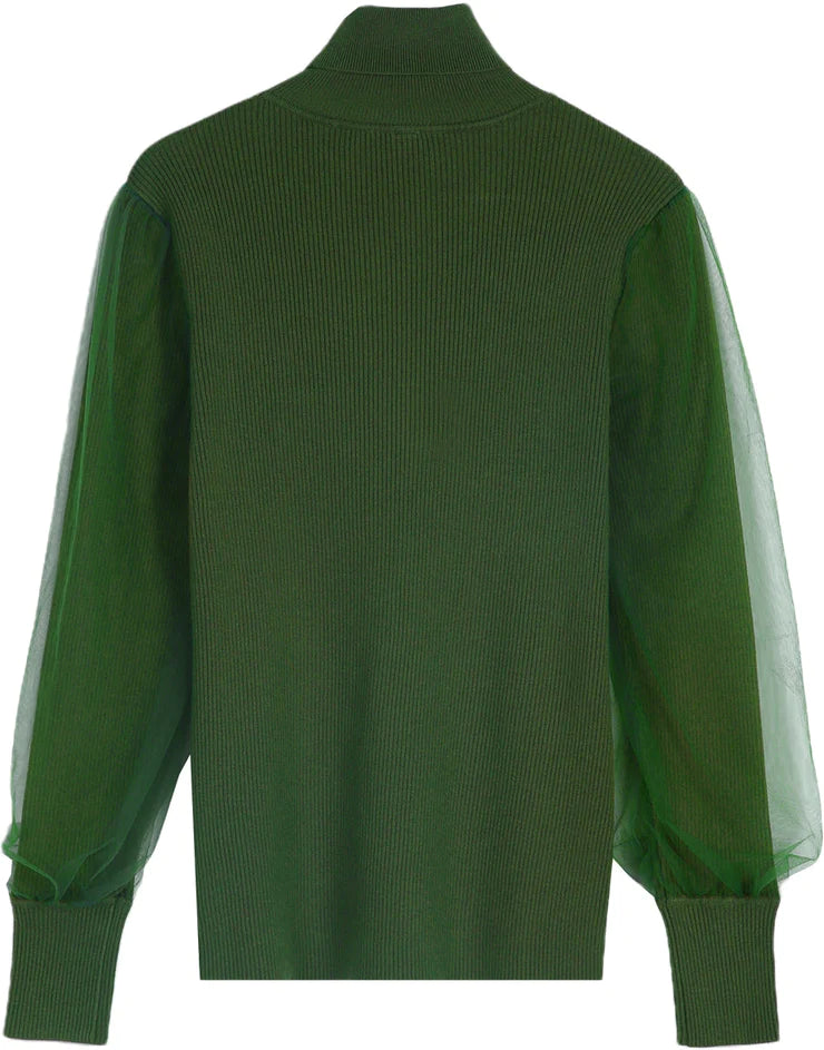 Green Turtleneck Double Layer Sheer Long Sleeves Sweater