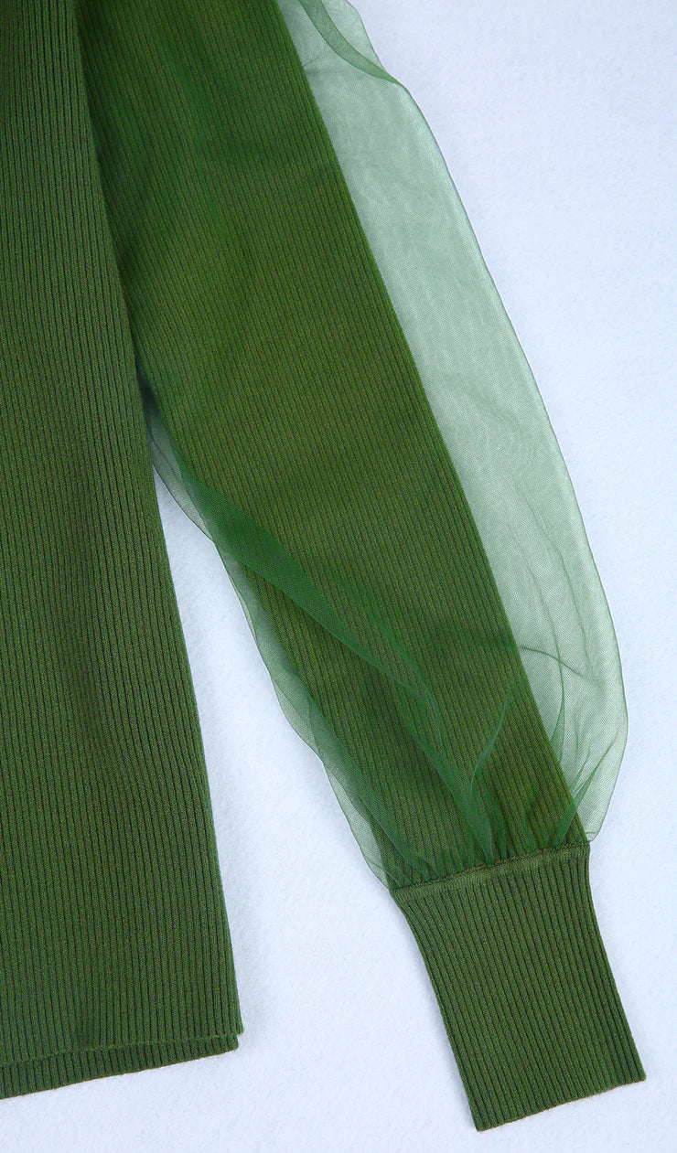 Green Turtleneck Double Layer Sheer Long Sleeves Sweater