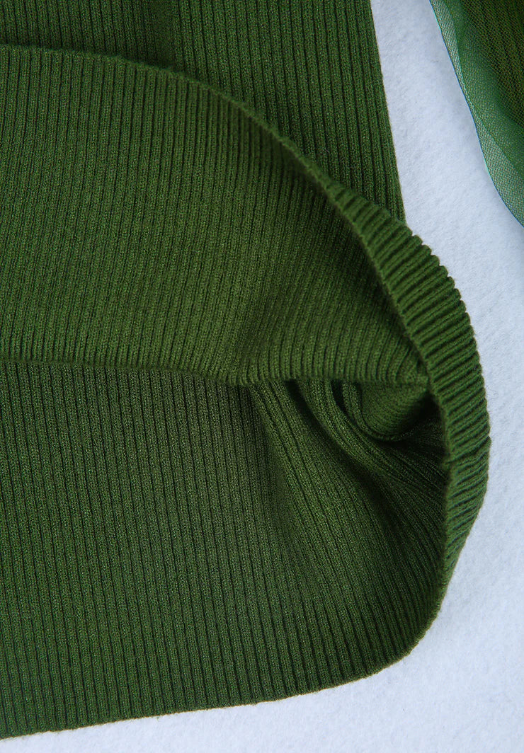 Green Turtleneck Double Layer Sheer Long Sleeves Sweater