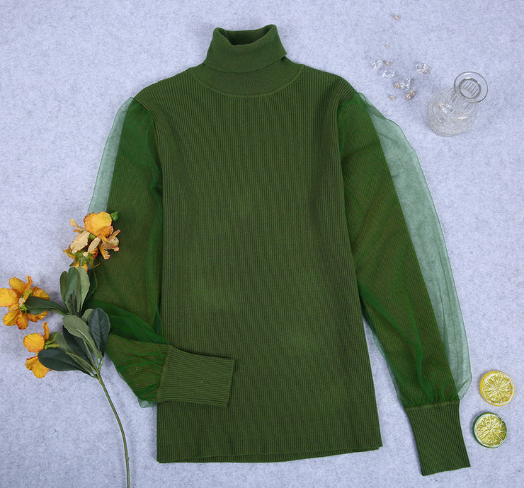 Green Turtleneck Double Layer Sheer Long Sleeves Sweater