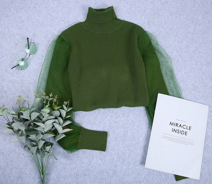 Green Turtleneck Double Layer Sheer Long Sleeves Sweater