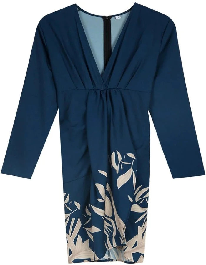 Floral Blue V-Neckline Ruched Front Slit Mini Dress