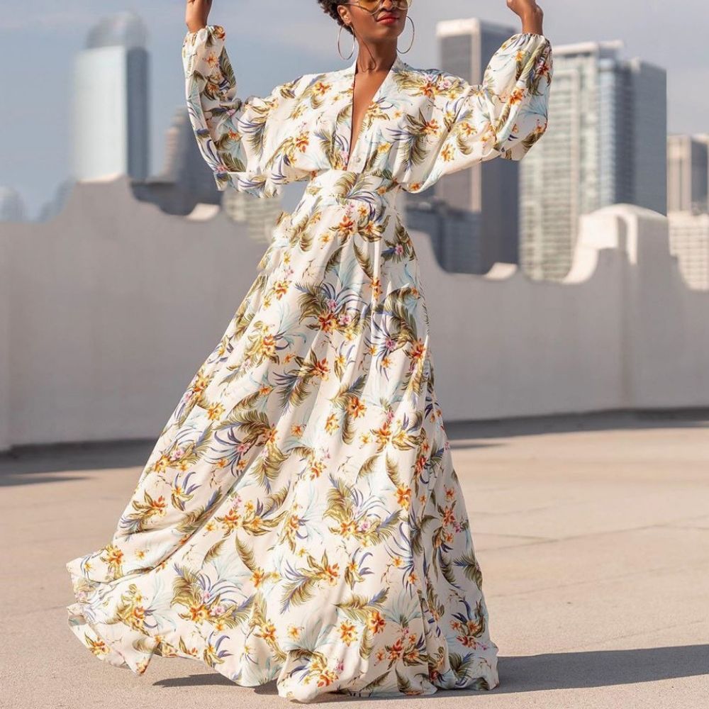 Floral Print Deep V Neck Batwing Sleeve Dress