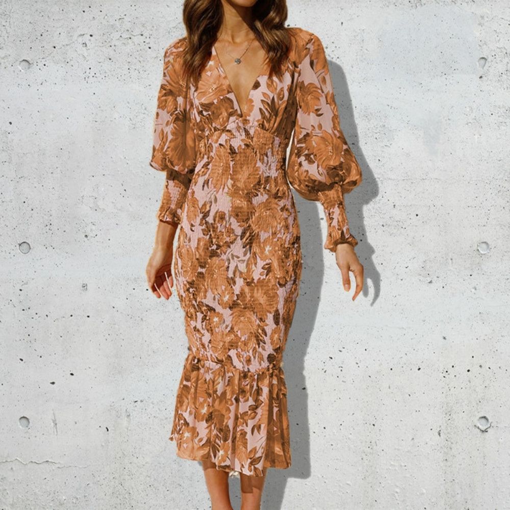 Floral Bishop Sleeve Smocked Bodycon Dress