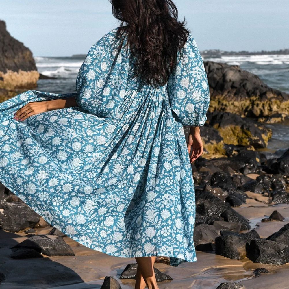 Ocean Blue Bhoo Puff Sleeve Flowy Dress