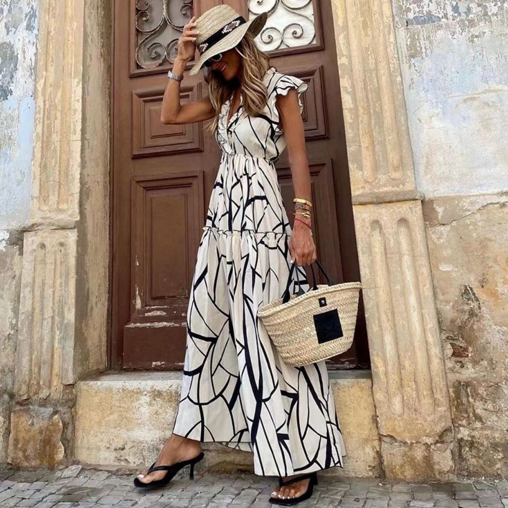 Vintage Short Sleeve Print Maxi Dress