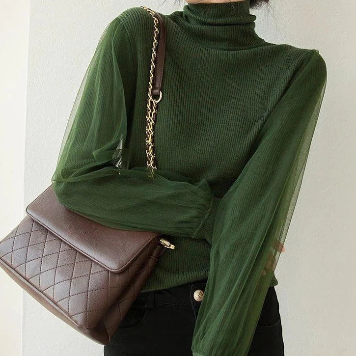 Green Turtleneck Double Layer Sheer Long Sleeves Sweater