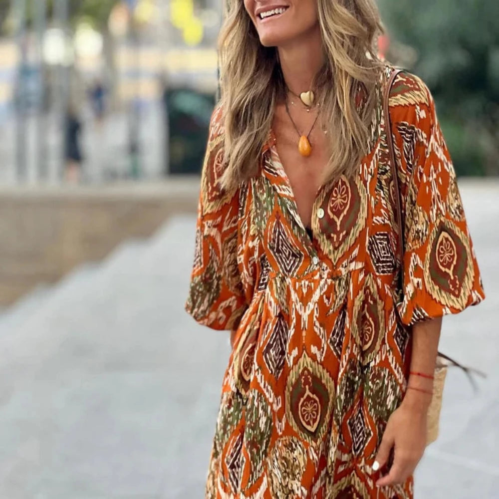Trendy 3/4 Sleeve Print Maxi Dress