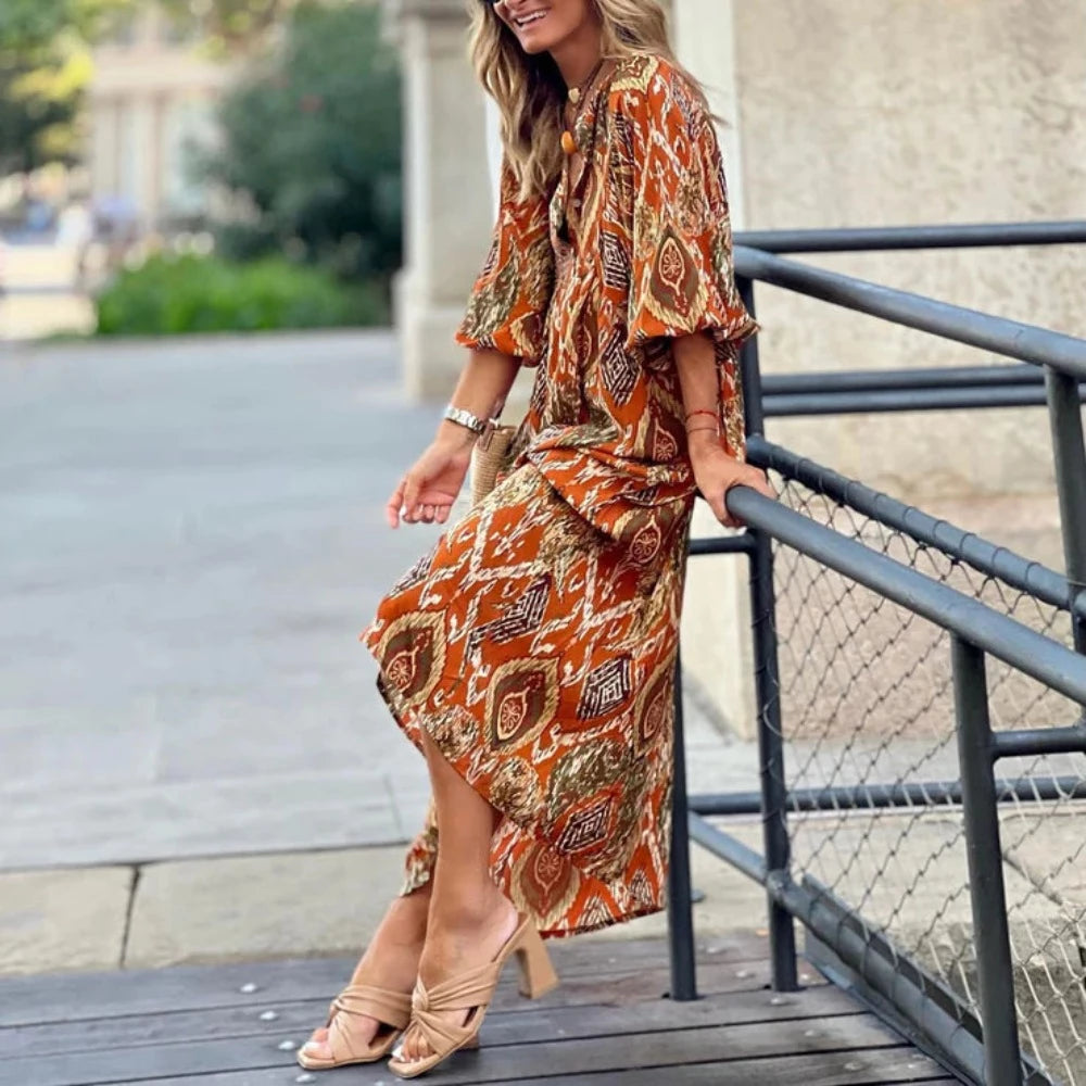 Trendy 3/4 Sleeve Print Maxi Dress