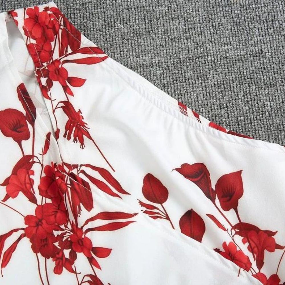 Romantic Red Flower Asymmetrical Keyhole Maxi Dress