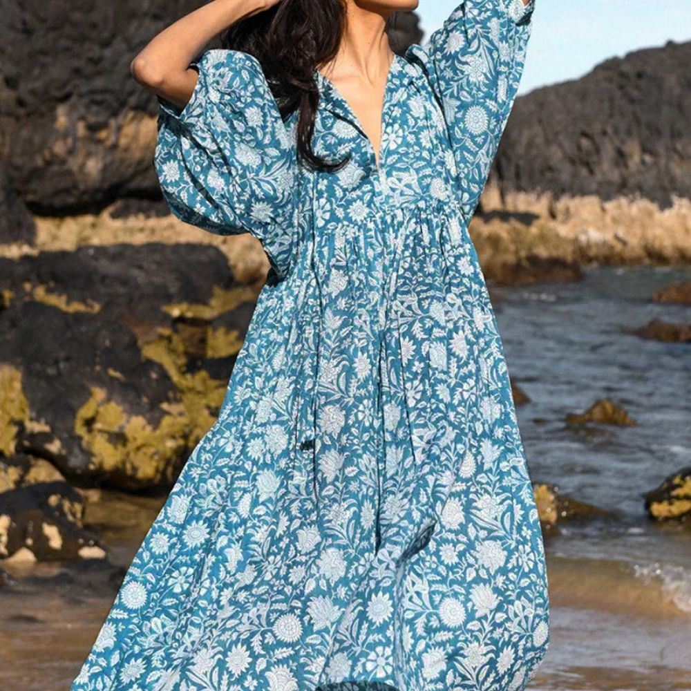 Ocean Blue Bhoo Puff Sleeve Flowy Dress
