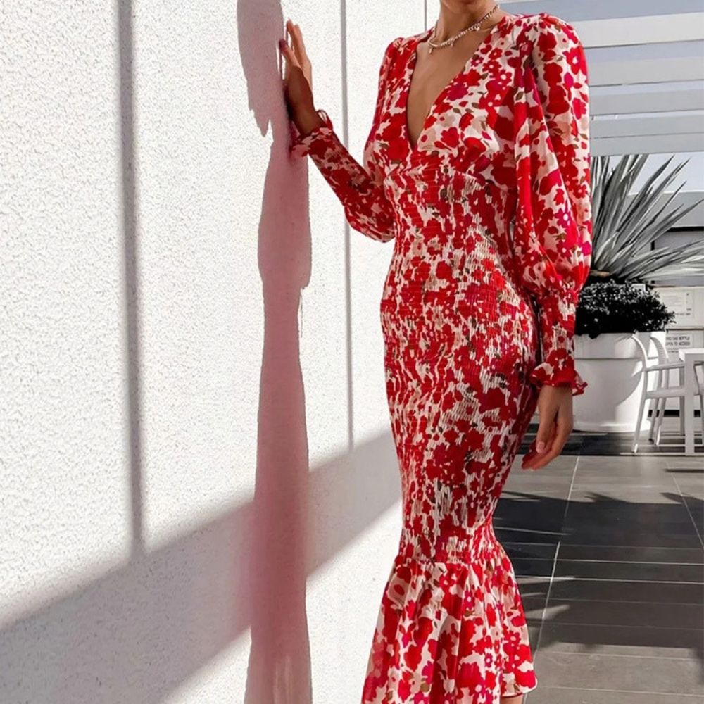 Floral Bishop Sleeve Smocked Bodycon Dress