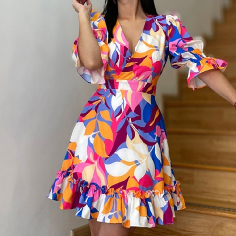 V-Neck Half Sleeves Print Ruffles Dress
