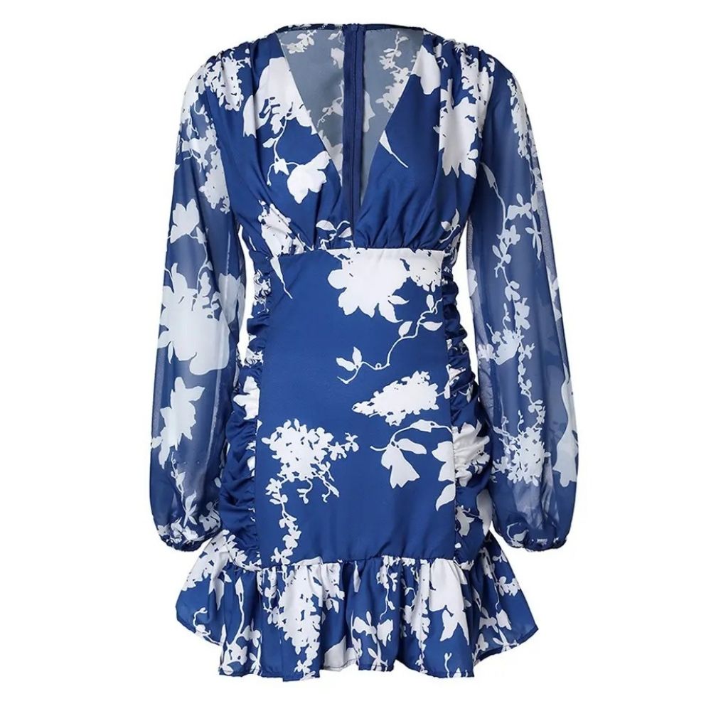 Floral Print Ruffle Hem Ruched Chiffon Dress