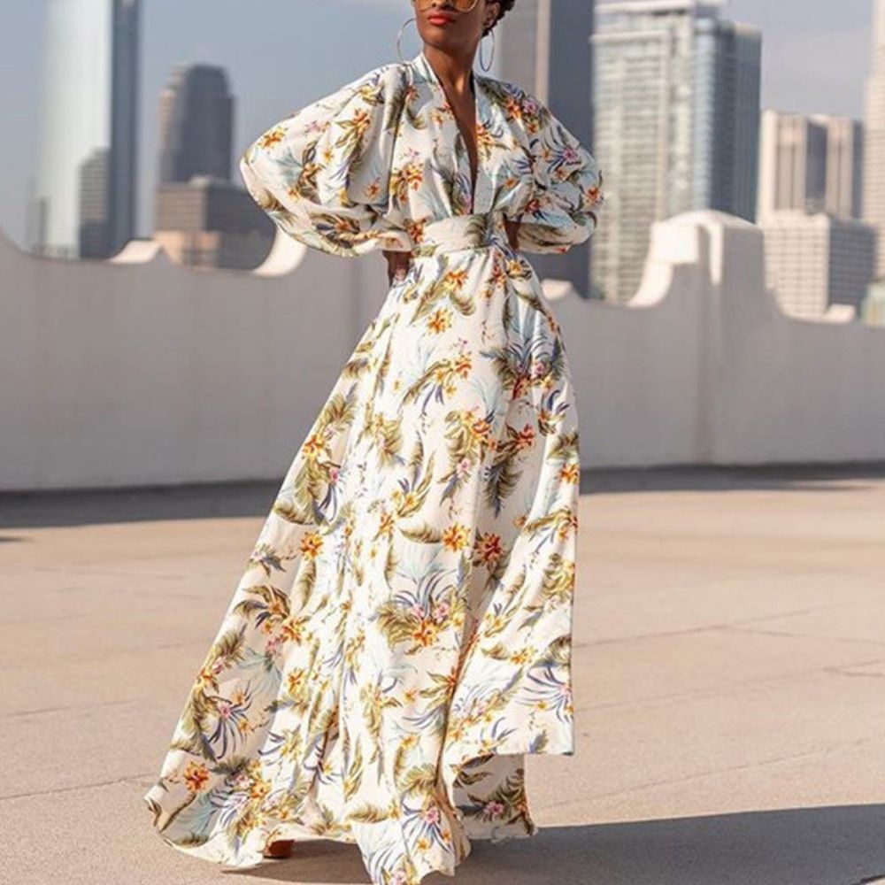 Floral Print Deep V Neck Batwing Sleeve Dress