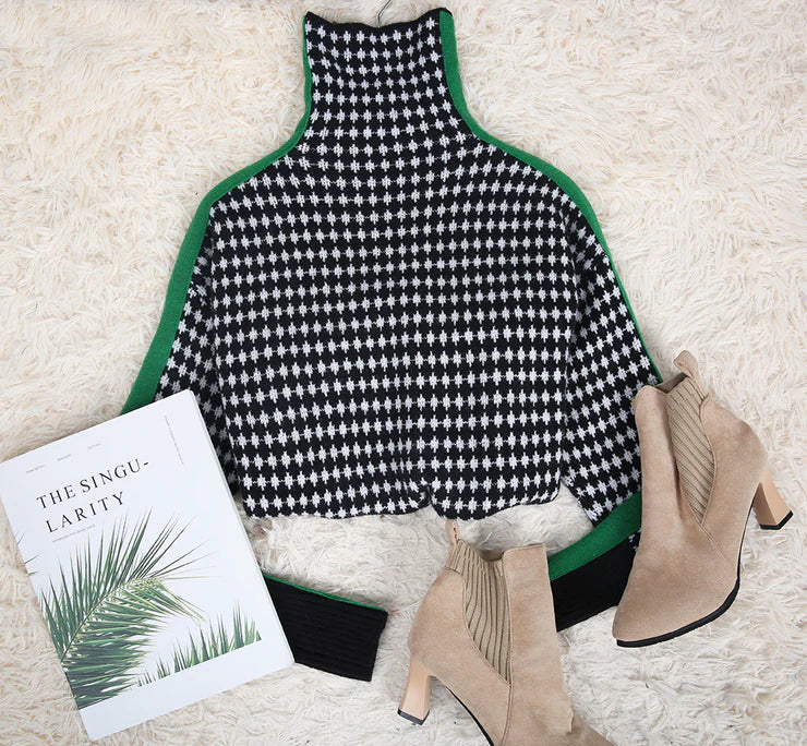 Green Stripe Black and White Diamond Print Sweater