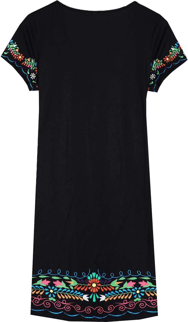 Colorful Floral Trim Black Mini Dress