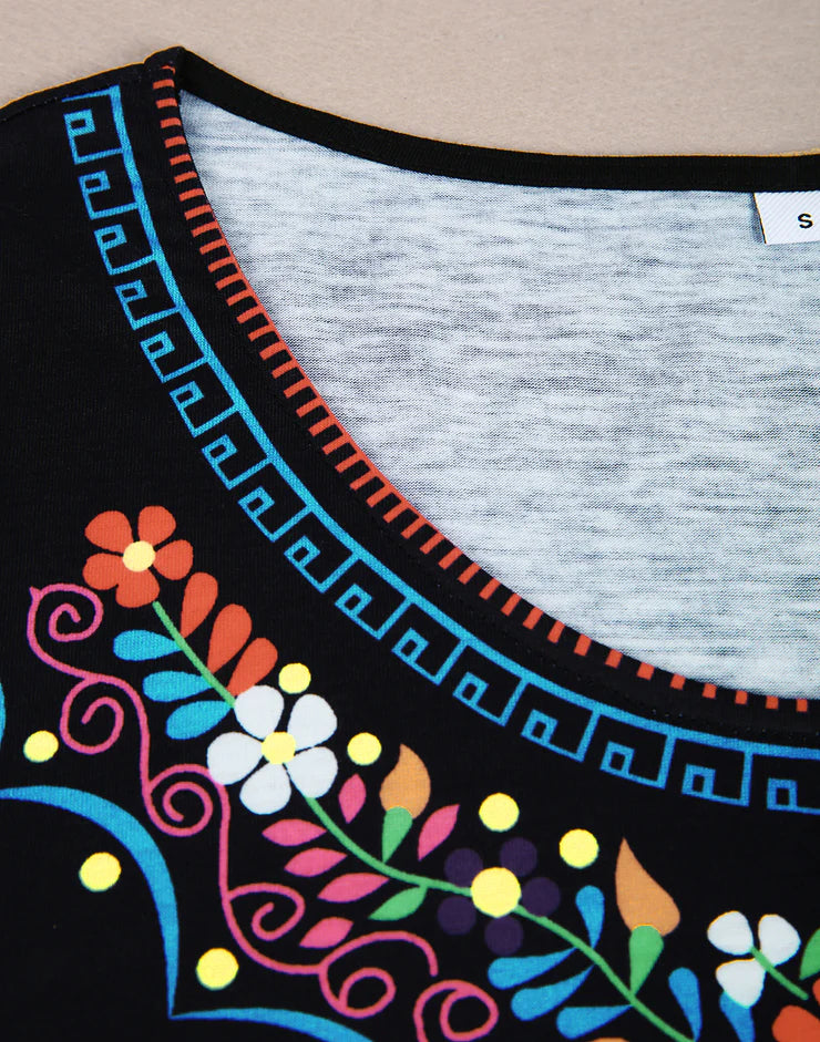Colorful Floral Trim Black Mini Dress