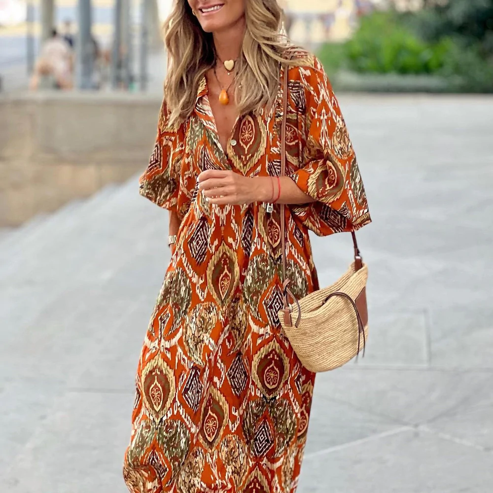Trendy 3/4 Sleeve Print Maxi Dress