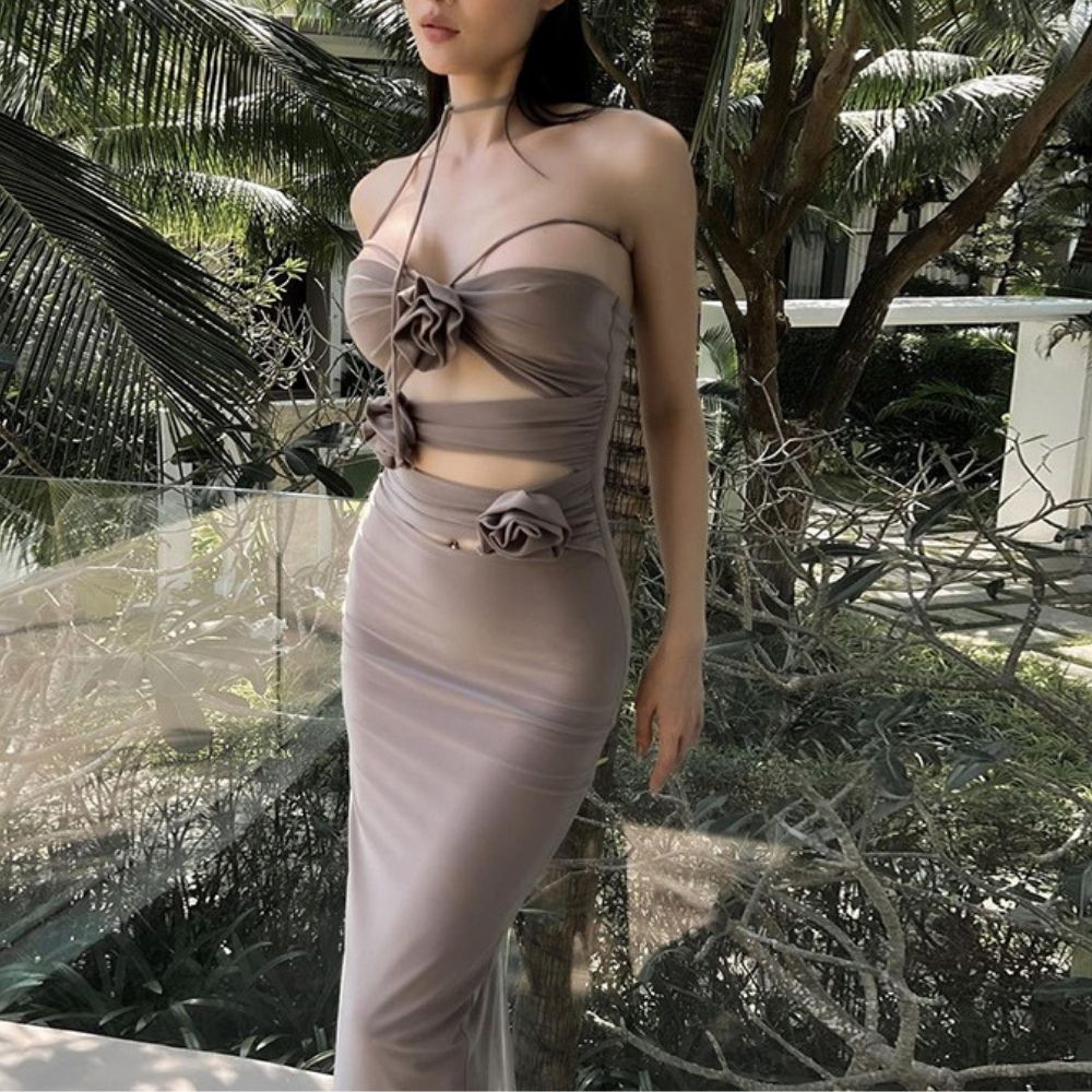 Hollowed Out Slim Shrink Pleate dress