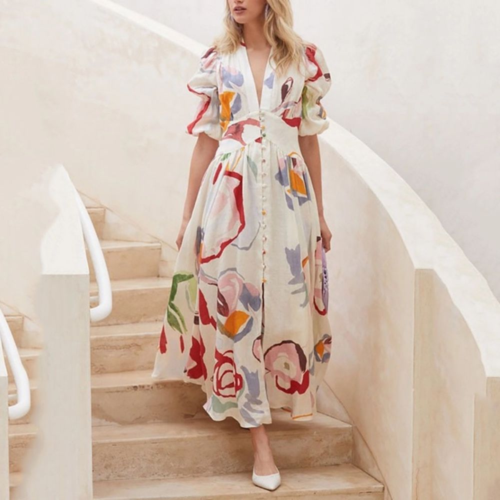 V-neck Slim Fit Chiffon Print Beach Dress