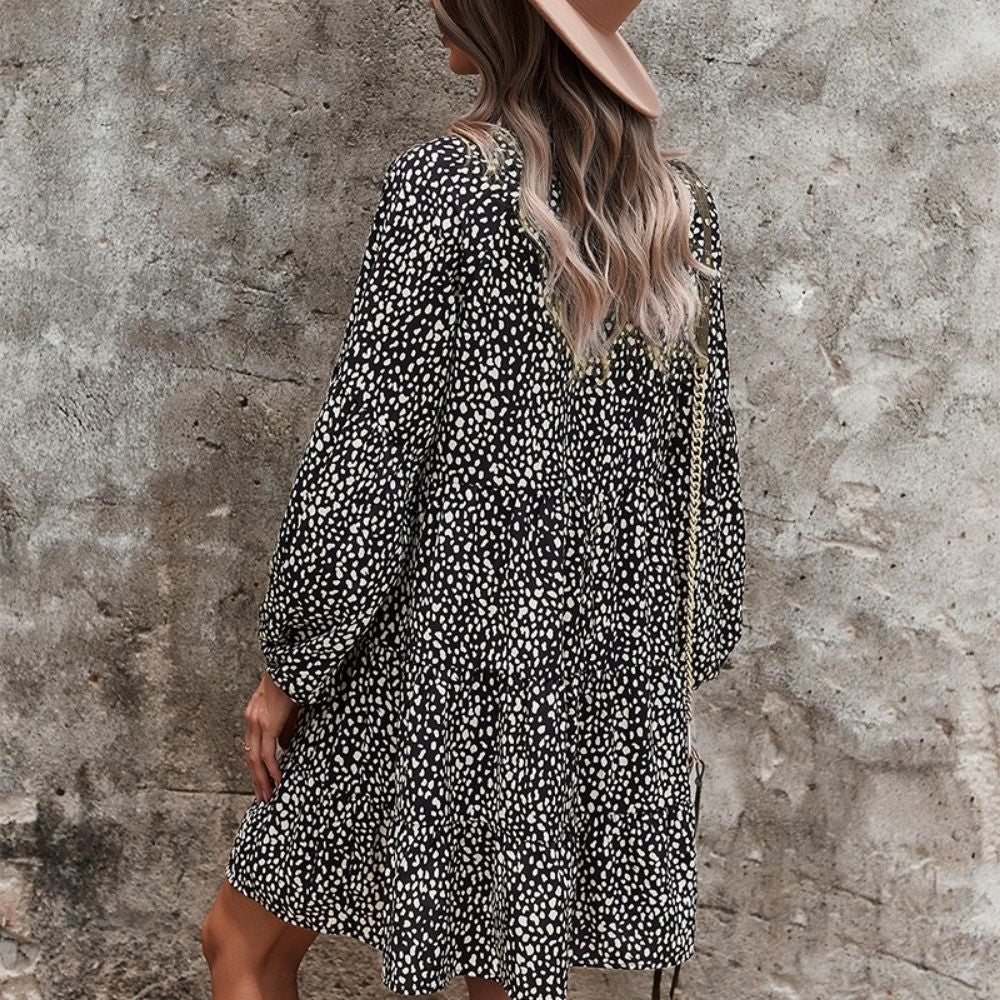 Leopard Print V-Neck Long-Sleeved Dress
