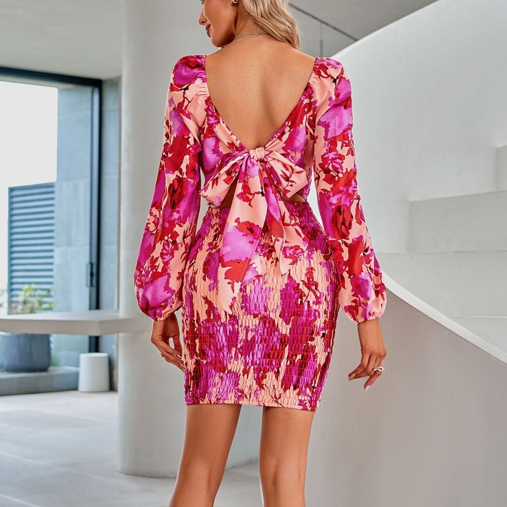 Floral Square Neck Smocked Mini Dress