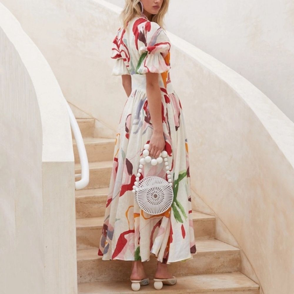 V-neck Slim Fit Chiffon Print Beach Dress
