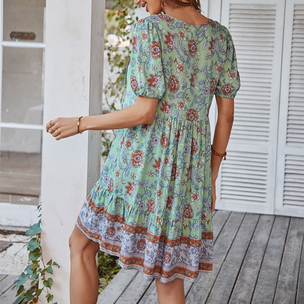Floral Print Tie Neck Puff Sleeve Ruffle Hem Smock Dress