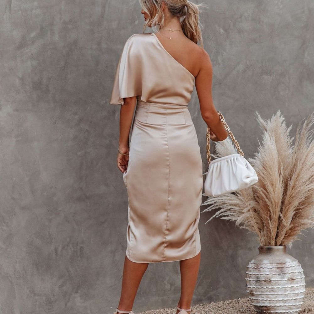 One Shoulder Satin Midi Dress