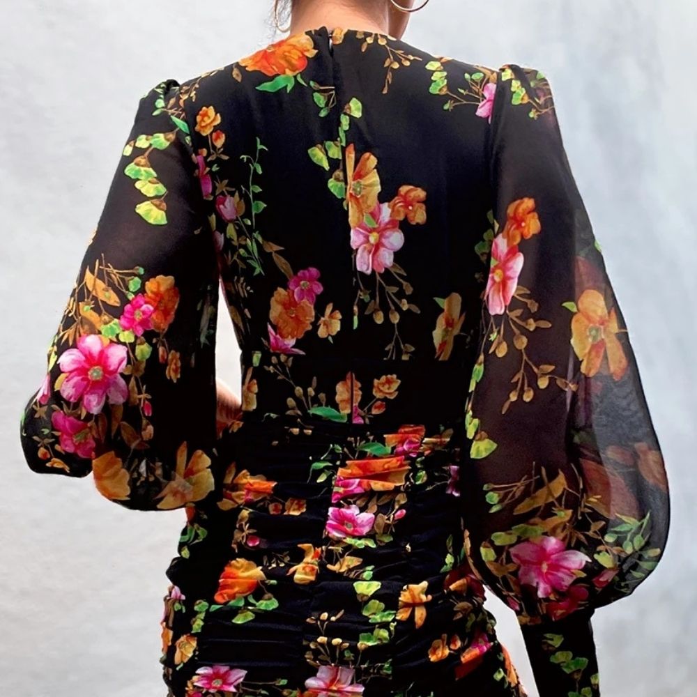 Lantern Long Sleeve Floral Print Bodycon Dress