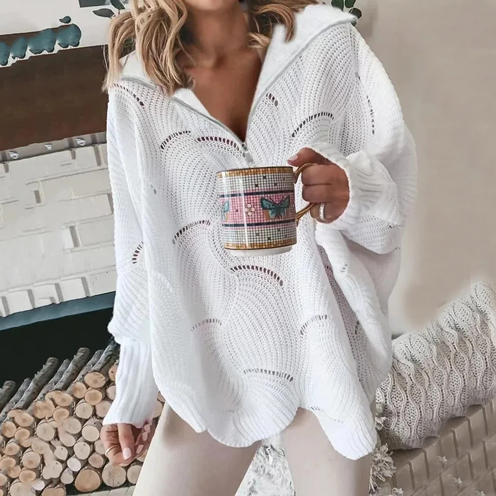 White Cable Zippered V-Neck Long Sleeve Sweater