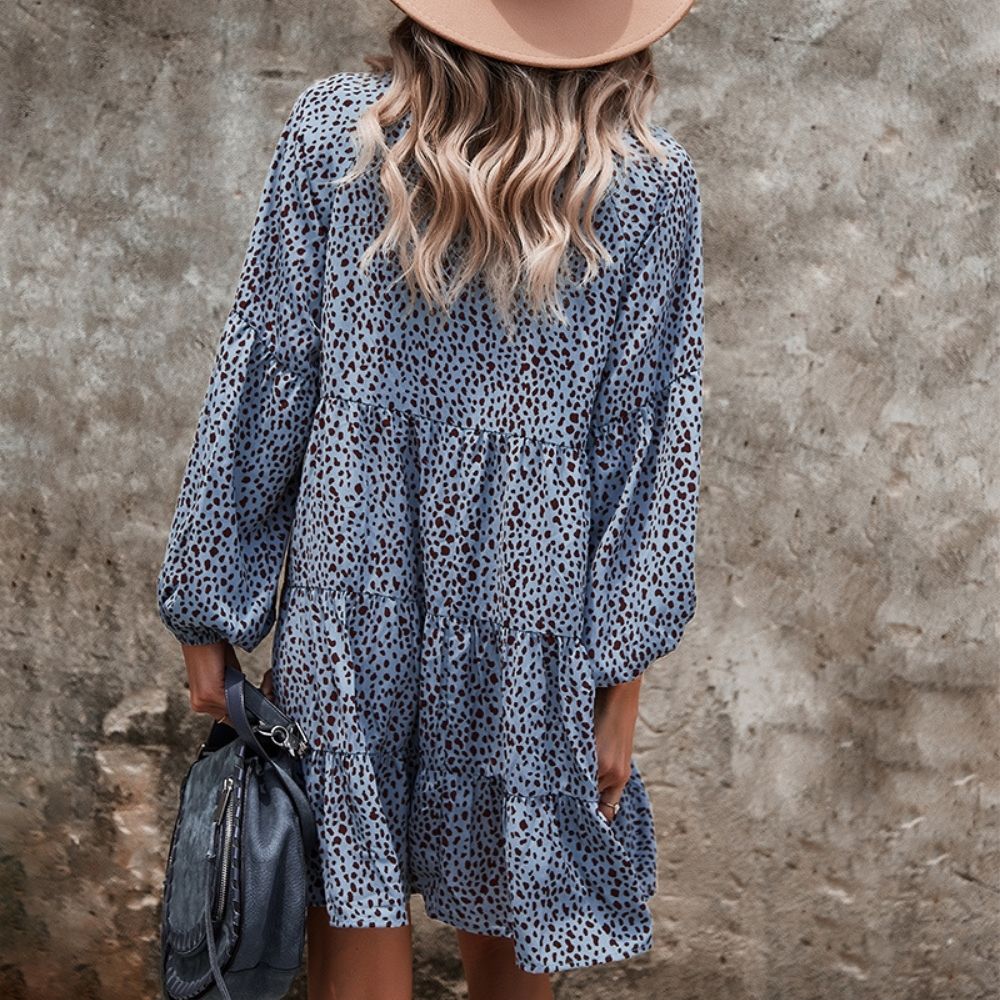 Leopard Print V-Neck Long-Sleeved Dress