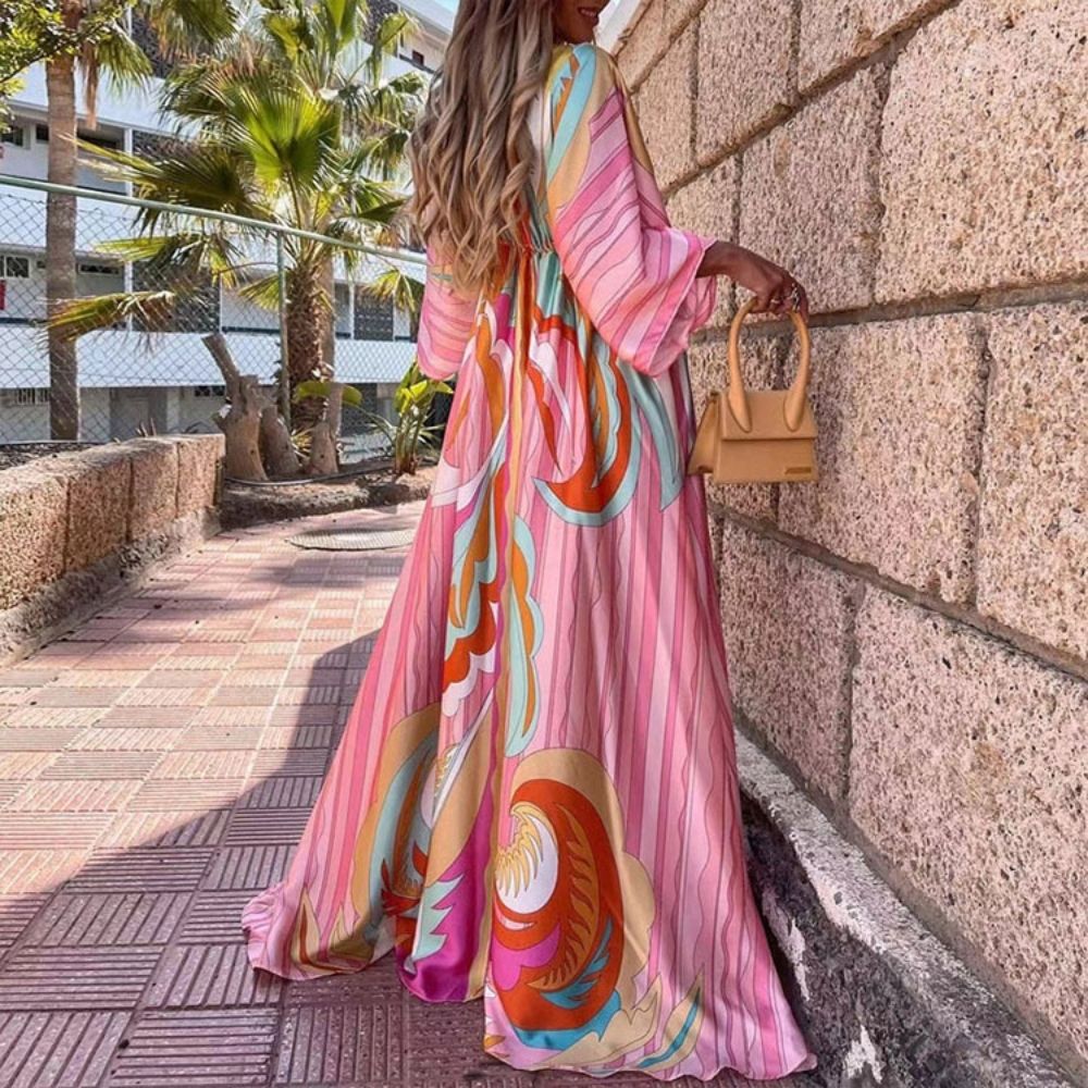 Self Belted Boho Print Long Dress