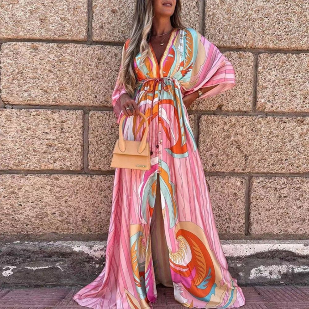 Self Belted Boho Print Long Dress