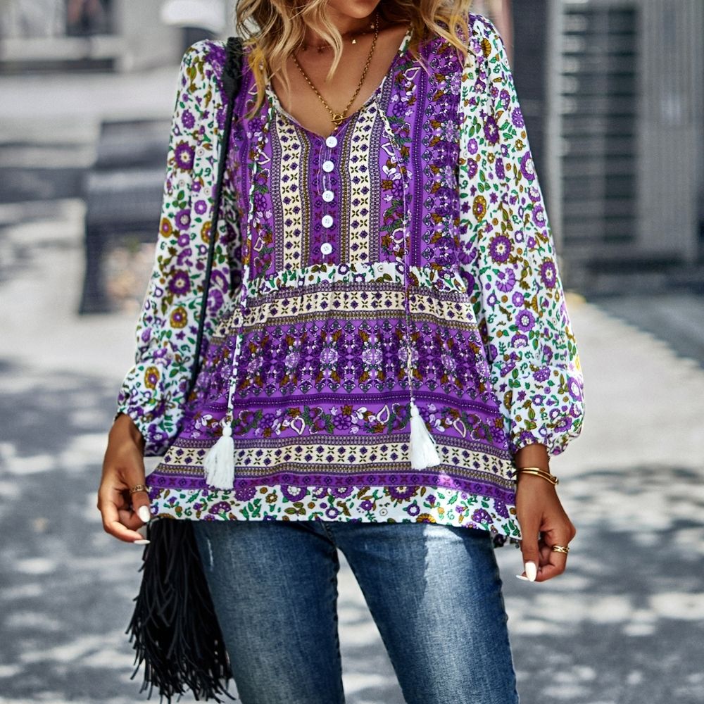 Bohemian Buttoned Tassel Puff Sleeve Blouse