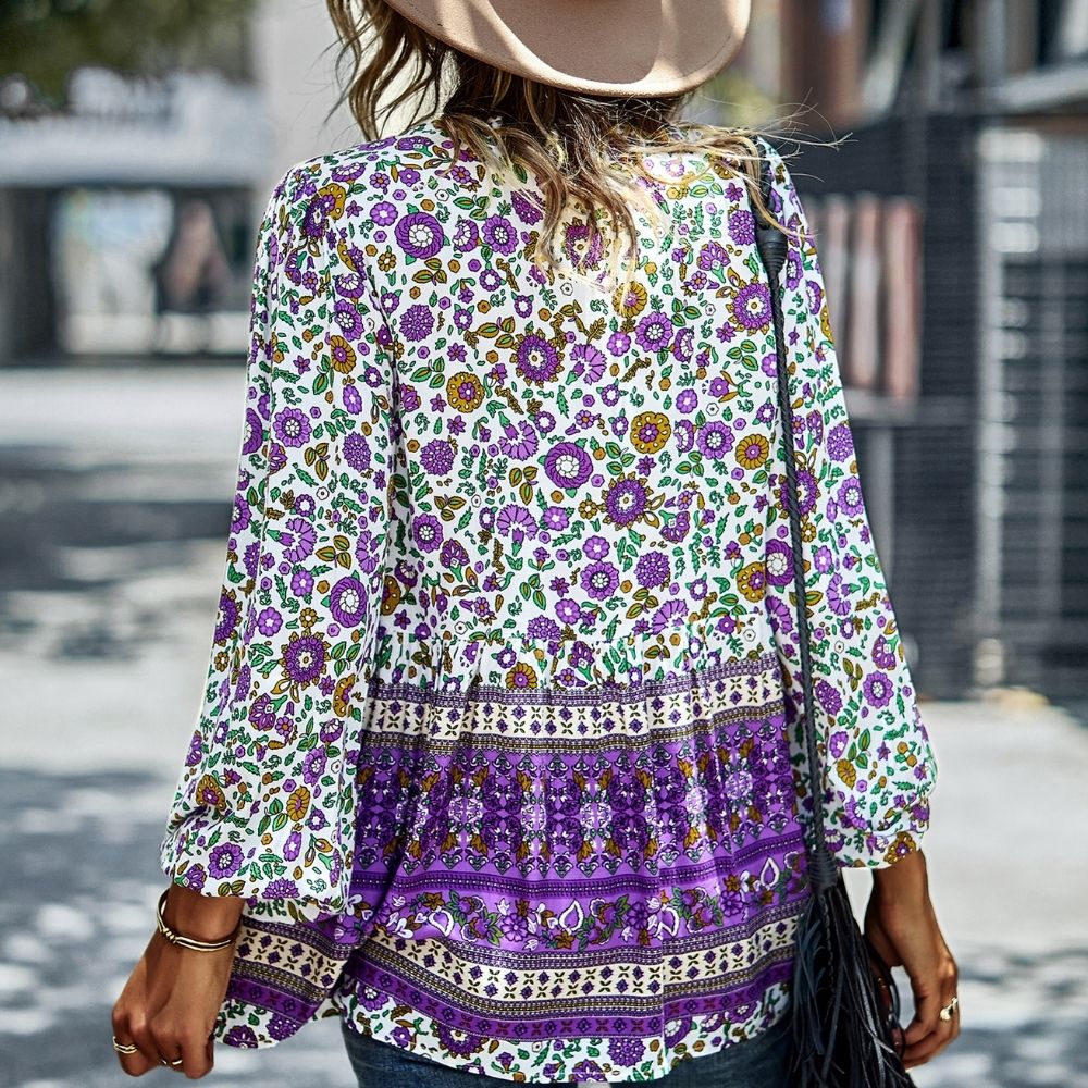 Bohemian Buttoned Tassel Puff Sleeve Blouse