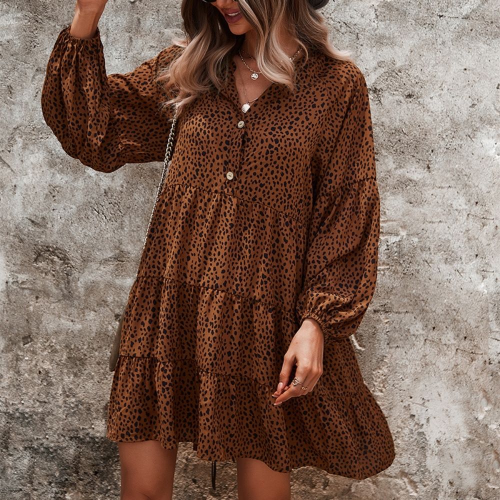 Leopard Print V-Neck Long-Sleeved Dress
