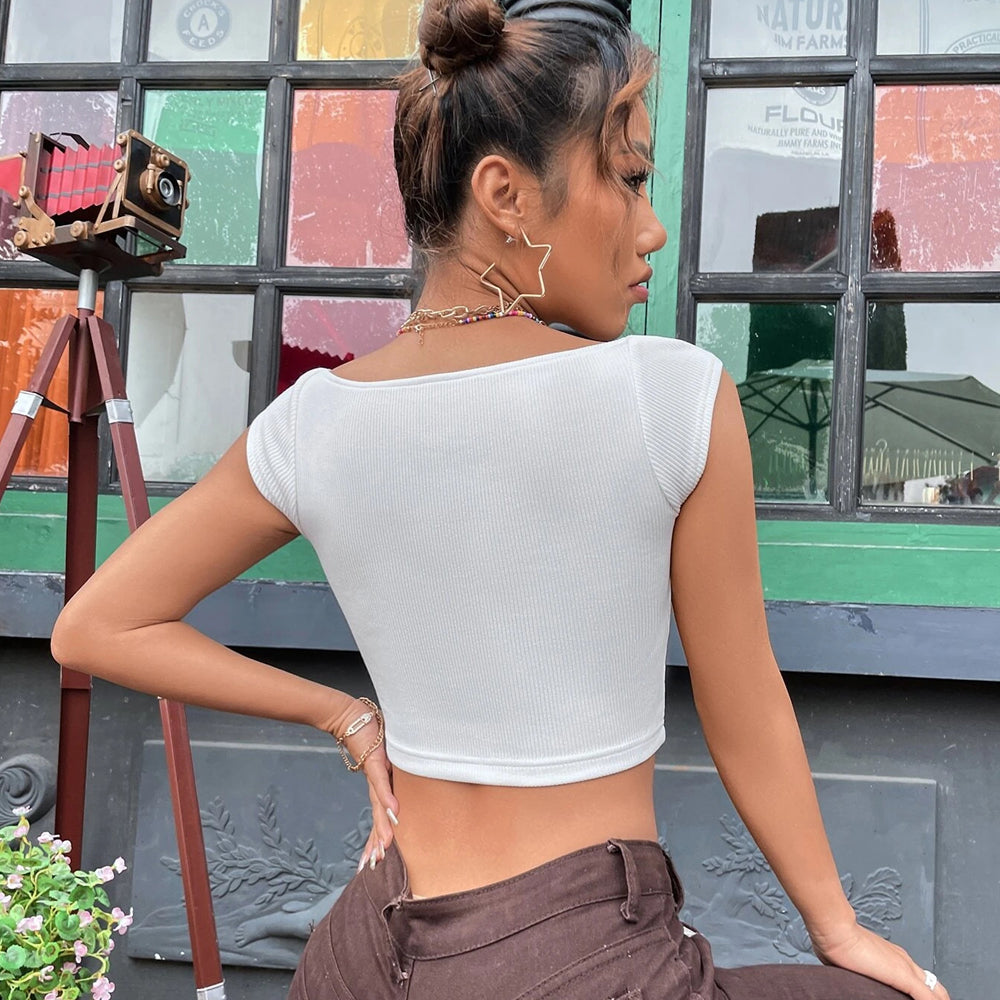 Sweetheart Neck Rib Knit Crop Tee