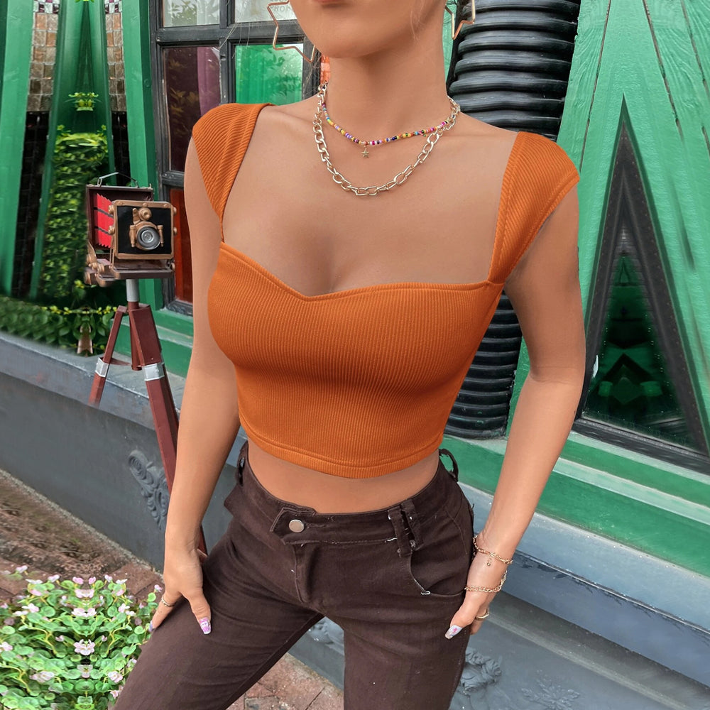 Sweetheart Neck Rib Knit Crop Tee