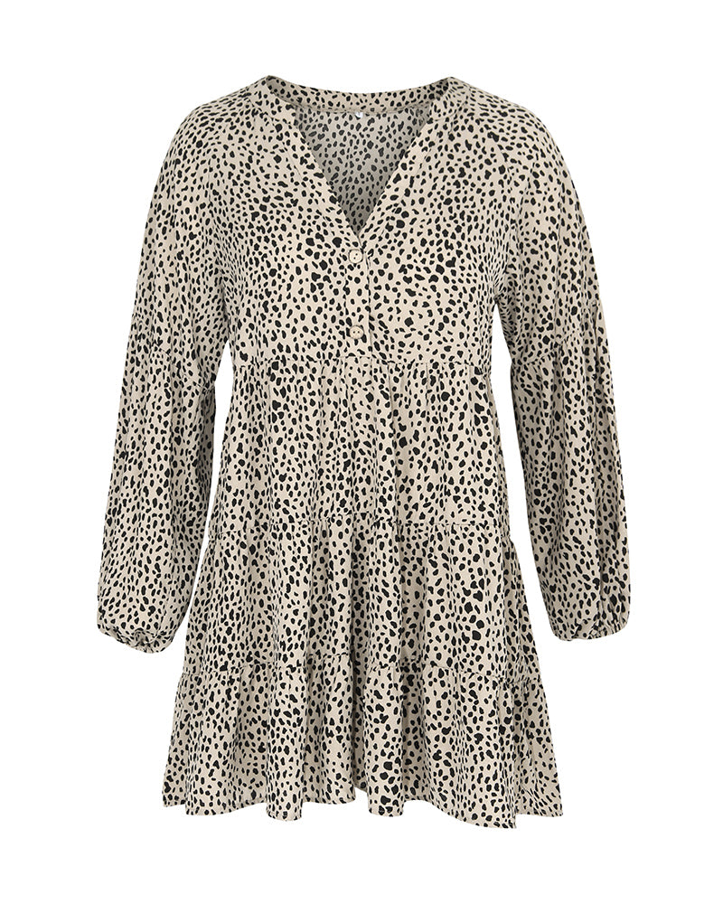 Leopard Print V-Neck Long-Sleeved Dress