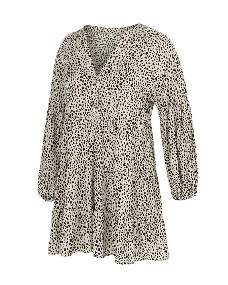 Leopard Print V-Neck Long-Sleeved Dress