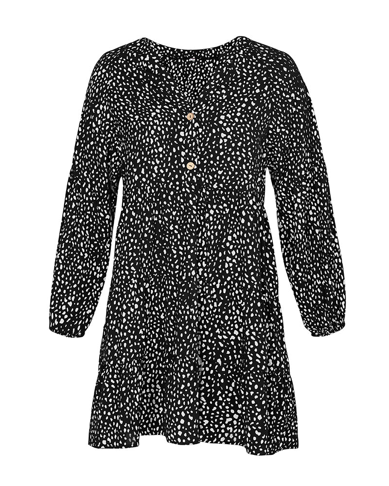 Leopard Print V-Neck Long-Sleeved Dress